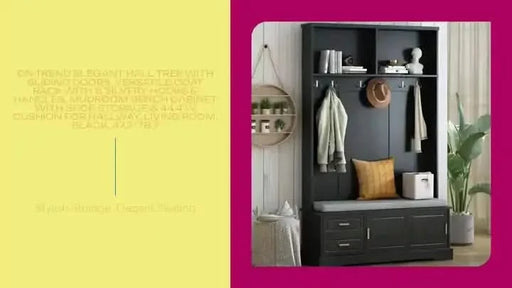 ON-TREND Elegant Hall Tree with Sliding Doors, Versatile Coat Rack with 6 Silvery Hooks & Handles, Mudroom Bench Cabinet with Shoe Storage & 44.4'W Cushion for Hallway, Living Room, Black, 47.2*78.7 Default -DTYStore