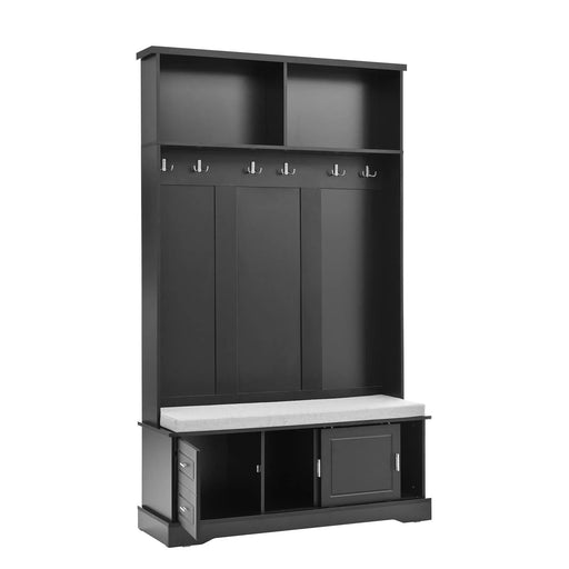 ON-TREND Elegant Hall Tree with Sliding Doors, Versatile Coat Rack with 6 Silvery Hooks & Handles, Mudroom Bench Cabinet with Shoe Storage & 44.4'W Cushion for Hallway, Living Room, Black, 47.2*78.7 Default -DTYStore
