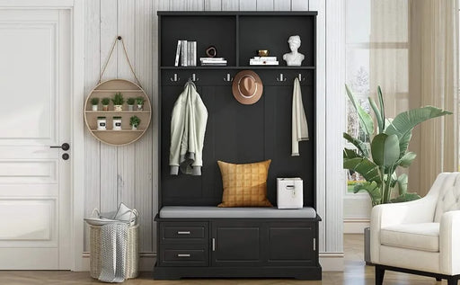 ON-TREND Elegant Hall Tree with Sliding Doors, Versatile Coat Rack with 6 Silvery Hooks & Handles, Mudroom Bench Cabinet with Shoe Storage & 44.4'W Cushion for Hallway, Living Room, Black, 47.2*78.7 Default -DTYStore