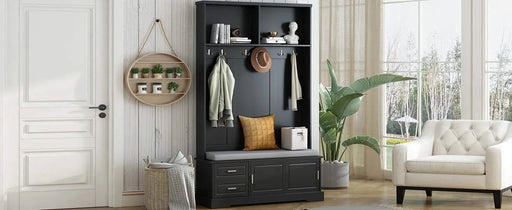 ON-TREND Elegant Hall Tree with Sliding Doors, Versatile Coat Rack with 6 Silvery Hooks & Handles, Mudroom Bench Cabinet with Shoe Storage & 44.4'W Cushion for Hallway, Living Room, Black, 47.2*78.7 Default -DTYStore