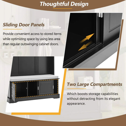 ON-TREND Elegant Hall Tree with Sliding Doors, Versatile Coat Rack with 6 Silvery Hooks & Handles, Mudroom Bench Cabinet with Shoe Storage & 44.4'W Cushion for Hallway, Living Room, Black, 47.2*78.7 Default -DTYStore