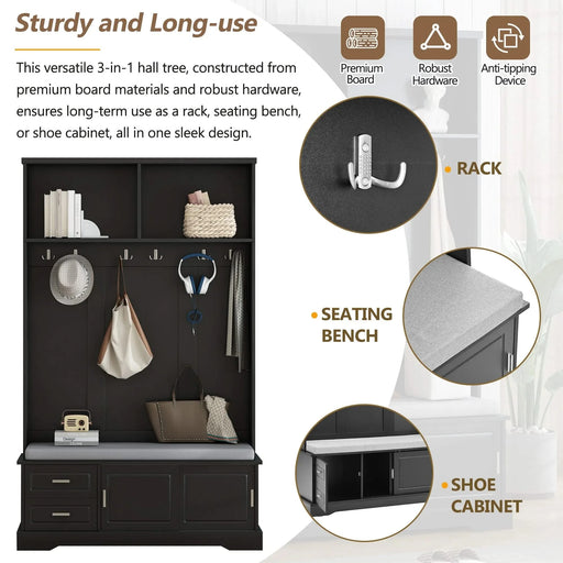 ON-TREND Elegant Hall Tree with Sliding Doors, Versatile Coat Rack with 6 Silvery Hooks & Handles, Mudroom Bench Cabinet with Shoe Storage & 44.4'W Cushion for Hallway, Living Room, Black, 47.2*78.7 Default -DTYStore