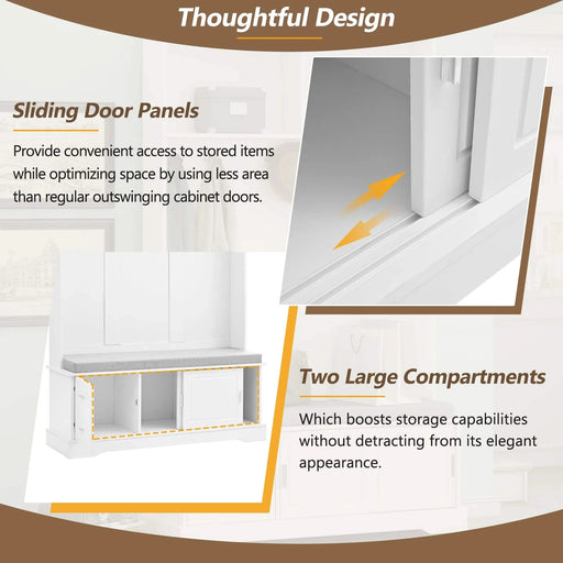 ON-TREND Elegant Hall Tree with Sliding Doors, Versatile Coat Rack with 6 Silvery Hooks & Handles, Mudroom Bench Cabinet with Shoe Storage & 44.4'W Cushion for Hallway, Living Room, White, 47.2*78.7 Default -DTYStore