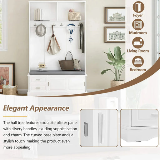 ON-TREND Elegant Hall Tree with Sliding Doors, Versatile Coat Rack with 6 Silvery Hooks & Handles, Mudroom Bench Cabinet with Shoe Storage & 44.4'W Cushion for Hallway, Living Room, White, 47.2*78.7 Default -DTYStore