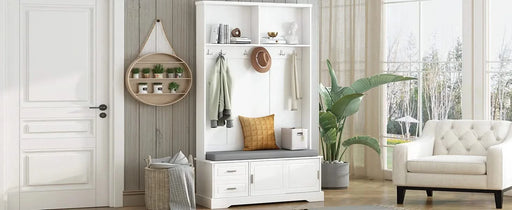 ON-TREND Elegant Hall Tree with Sliding Doors, Versatile Coat Rack with 6 Silvery Hooks & Handles, Mudroom Bench Cabinet with Shoe Storage & 44.4'W Cushion for Hallway, Living Room, White, 47.2*78.7 Default -DTYStore