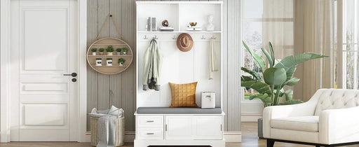 ON-TREND Elegant Hall Tree with Sliding Doors, Versatile Coat Rack with 6 Silvery Hooks & Handles, Mudroom Bench Cabinet with Shoe Storage & 44.4'W Cushion for Hallway, Living Room, White, 47.2*78.7 Default -DTYStore