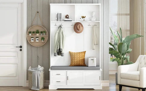 ON-TREND Elegant Hall Tree with Sliding Doors, Versatile Coat Rack with 6 Silvery Hooks & Handles, Mudroom Bench Cabinet with Shoe Storage & 44.4'W Cushion for Hallway, Living Room, White, 47.2*78.7 Default -DTYStore