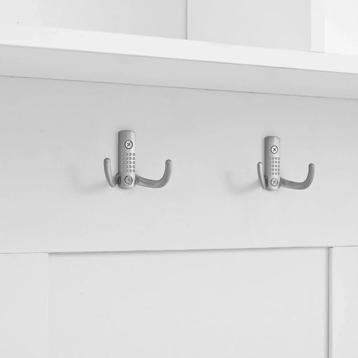 ON-TREND Elegant Hall Tree with Sliding Doors, Versatile Coat Rack with 6 Silvery Hooks & Handles, Mudroom Bench Cabinet with Shoe Storage & 44.4'W Cushion for Hallway, Living Room, White, 47.2*78.7 Default -DTYStore