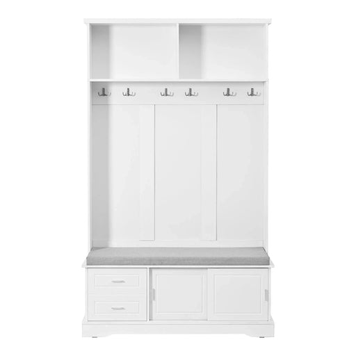 ON-TREND Elegant Hall Tree with Sliding Doors, Versatile Coat Rack with 6 Silvery Hooks & Handles, Mudroom Bench Cabinet with Shoe Storage & 44.4'W Cushion for Hallway, Living Room, White, 47.2*78.7 Default -DTYStore