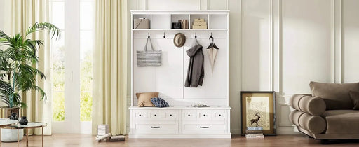 ON-TREND Elegant Wide Hall Tree with 5 Hooks, Versatile Entryway Lift Top Storage Bench with 2 Drawers, Retro Wooden 3-in-1 Coat Rack with Black Handles for Mudroom, Living Room, White, 59'Wx74'H Default -DTYStore
