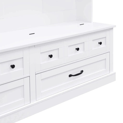 ON-TREND Elegant Wide Hall Tree with 5 Hooks, Versatile Entryway Lift Top Storage Bench with 2 Drawers, Retro Wooden 3-in-1 Coat Rack with Black Handles for Mudroom, Living Room, White, 59'Wx74'H Default -DTYStore