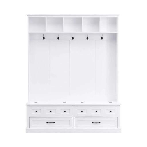 ON-TREND Elegant Wide Hall Tree with 5 Hooks, Versatile Entryway Lift Top Storage Bench with 2 Drawers, Retro Wooden 3-in-1 Coat Rack with Black Handles for Mudroom, Living Room, White, 59'Wx74'H Default -DTYStore