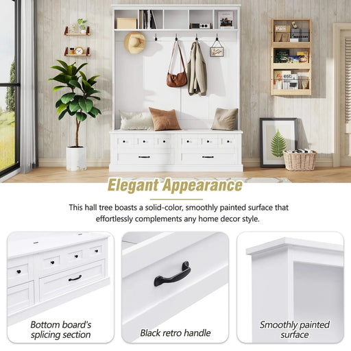 ON-TREND Elegant Wide Hall Tree with 5 Hooks, Versatile Entryway Lift Top Storage Bench with 2 Drawers, Retro Wooden 3-in-1 Coat Rack with Black Handles for Mudroom, Living Room, White, 59'Wx74'H Default -DTYStore