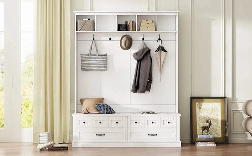 ON-TREND Elegant Wide Hall Tree with 5 Hooks, Versatile Entryway Lift Top Storage Bench with 2 Drawers, Retro Wooden 3-in-1 Coat Rack with Black Handles for Mudroom, Living Room, White, 59'Wx74'H Default -DTYStore