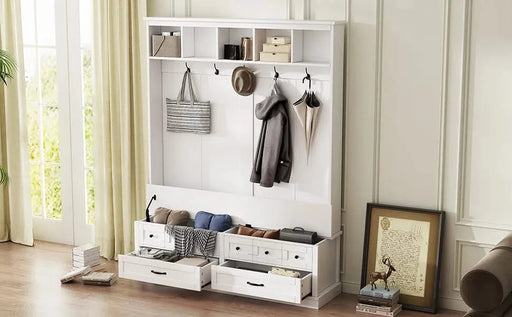 ON-TREND Elegant Wide Hall Tree with 5 Hooks, Versatile Entryway Lift Top Storage Bench with 2 Drawers, Retro Wooden 3-in-1 Coat Rack with Black Handles for Mudroom, Living Room, White, 59'Wx74'H Default -DTYStore