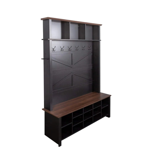 ON-TREND Farmhouse 4-in-1 Hall Tree with 6 Hooks, Practical Walnut Entryway Bench with Adjustable Shelves, Wooden Style Rustic Shoe Organizer with 16 Open Compartments for Mudroom, Living Room, Black Default -DTYStore