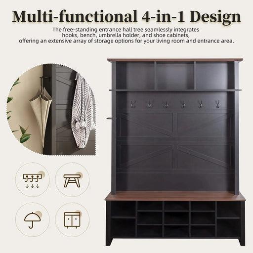 ON-TREND Farmhouse 4-in-1 Hall Tree with 6 Hooks, Practical Walnut Entryway Bench with Adjustable Shelves, Wooden Style Rustic Shoe Organizer with 16 Open Compartments for Mudroom, Living Room, Black Default -DTYStore