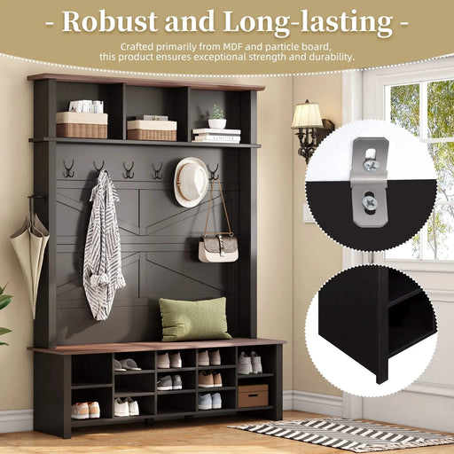 ON-TREND Farmhouse 4-in-1 Hall Tree with 6 Hooks, Practical Walnut Entryway Bench with Adjustable Shelves, Wooden Style Rustic Shoe Organizer with 16 Open Compartments for Mudroom, Living Room, Black Default -DTYStore