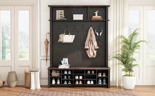 ON-TREND Farmhouse 4-in-1 Hall Tree with 6 Hooks, Practical Walnut Entryway Bench with Adjustable Shelves, Wooden Style Rustic Shoe Organizer with 16 Open Compartments for Mudroom, Living Room, Black Default -DTYStore
