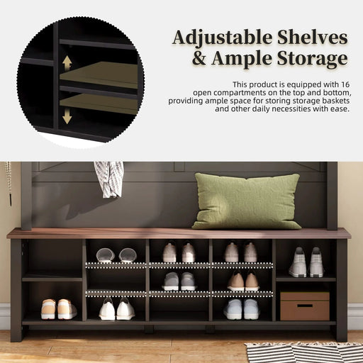 ON-TREND Farmhouse 4-in-1 Hall Tree with 6 Hooks, Practical Walnut Entryway Bench with Adjustable Shelves, Wooden Style Rustic Shoe Organizer with 16 Open Compartments for Mudroom, Living Room, Black Default -DTYStore