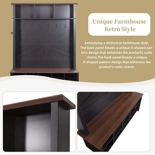 ON-TREND Farmhouse 4-in-1 Hall Tree with 6 Hooks, Practical Walnut Entryway Bench with Adjustable Shelves, Wooden Style Rustic Shoe Organizer with 16 Open Compartments for Mudroom, Living Room, Black Default -DTYStore