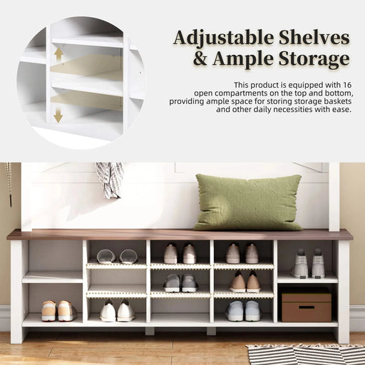 ON-TREND Farmhouse 4-in-1 Hall Tree with 6 Hooks, Practical Walnut Entryway Bench with Adjustable Shelves, Wooden Style Rustic Shoe Organizer with 16 Open Compartments for Mudroom, Living Room, White Default -DTYStore