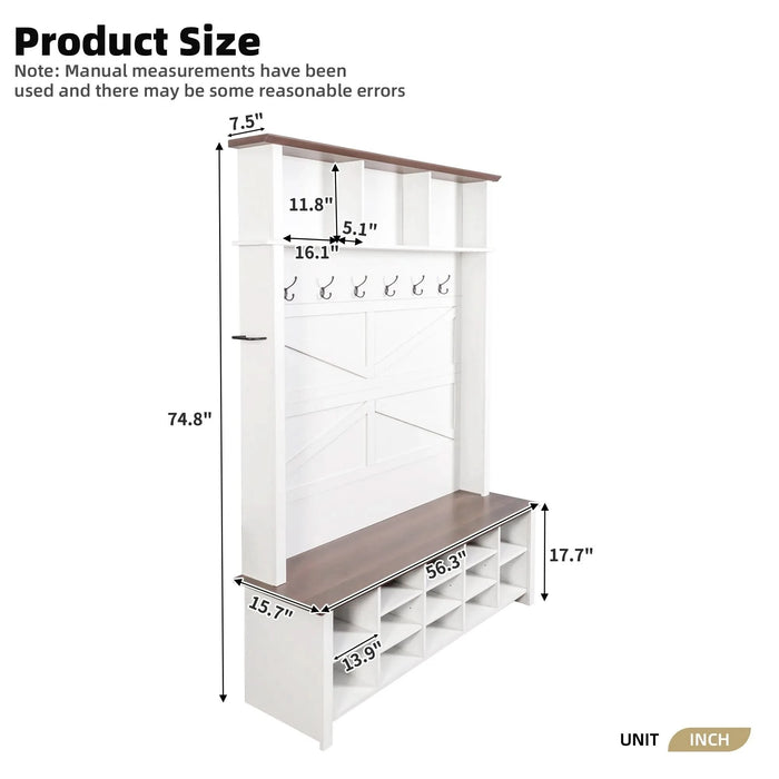 ON-TREND Farmhouse 4-in-1 Hall Tree with 6 Hooks, Practical Walnut Entryway Bench with Adjustable Shelves, Wooden Style Rustic Shoe Organizer with 16 Open Compartments for Mudroom, Living Room, White Default -DTYStore
