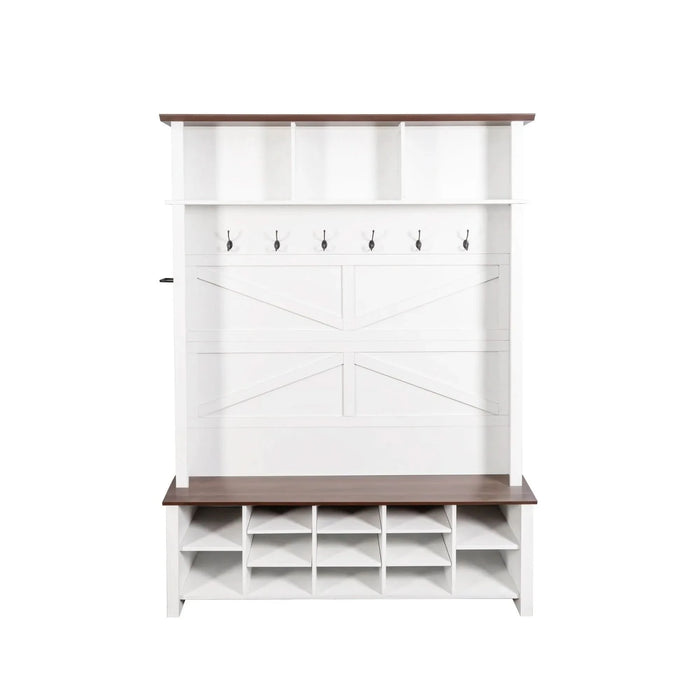ON-TREND Farmhouse 4-in-1 Hall Tree with 6 Hooks, Practical Walnut Entryway Bench with Adjustable Shelves, Wooden Style Rustic Shoe Organizer with 16 Open Compartments for Mudroom, Living Room, White Default -DTYStore