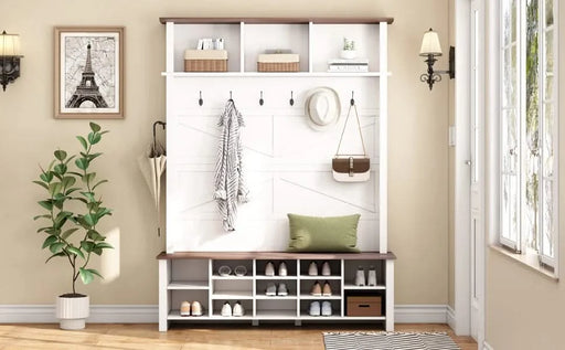 ON-TREND Farmhouse 4-in-1 Hall Tree with 6 Hooks, Practical Walnut Entryway Bench with Adjustable Shelves, Wooden Style Rustic Shoe Organizer with 16 Open Compartments for Mudroom, Living Room, White Default -DTYStore