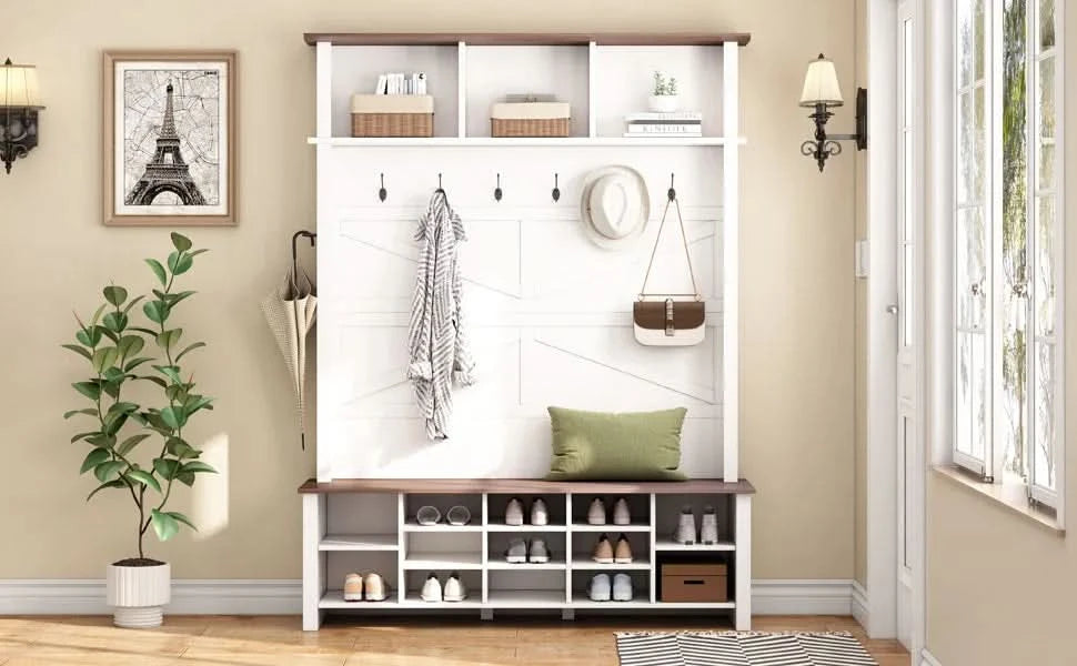 ON-TREND Farmhouse 4-in-1 Hall Tree with 6 Hooks, Practical Walnut Entryway Bench with Adjustable Shelves, Wooden Style Rustic Shoe Organizer with 16 Open Compartments for Mudroom, Living Room, White Default -DTYStore