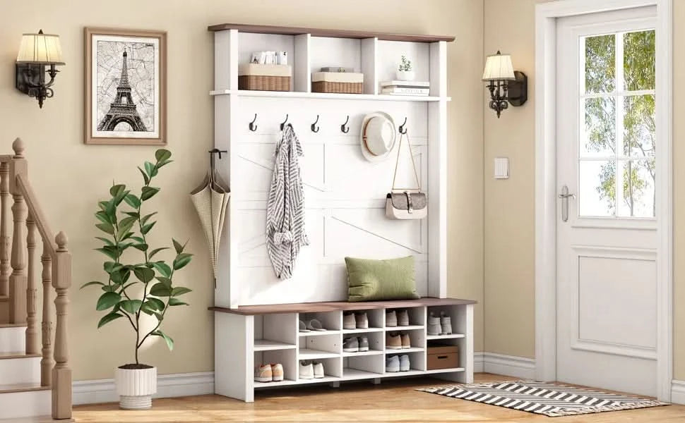 ON-TREND Farmhouse 4-in-1 Hall Tree with 6 Hooks, Practical Walnut Entryway Bench with Adjustable Shelves, Wooden Style Rustic Shoe Organizer with 16 Open Compartments for Mudroom, Living Room, White Default -DTYStore