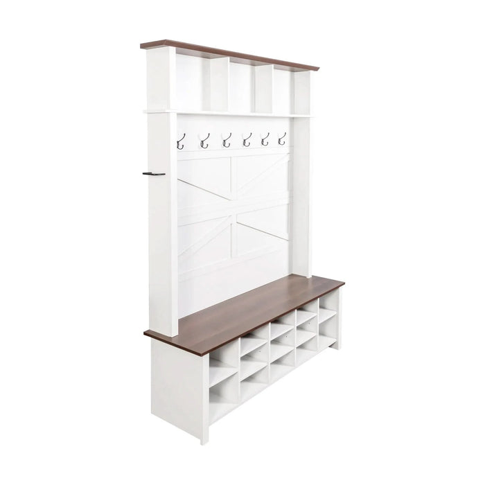 ON-TREND Farmhouse 4-in-1 Hall Tree with 6 Hooks, Practical Walnut Entryway Bench with Adjustable Shelves, Wooden Style Rustic Shoe Organizer with 16 Open Compartments for Mudroom, Living Room, White Default -DTYStore