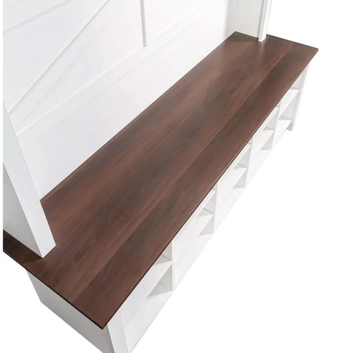 ON-TREND Farmhouse 4-in-1 Hall Tree with 6 Hooks, Practical Walnut Entryway Bench with Adjustable Shelves, Wooden Style Rustic Shoe Organizer with 16 Open Compartments for Mudroom, Living Room, White Default -DTYStore