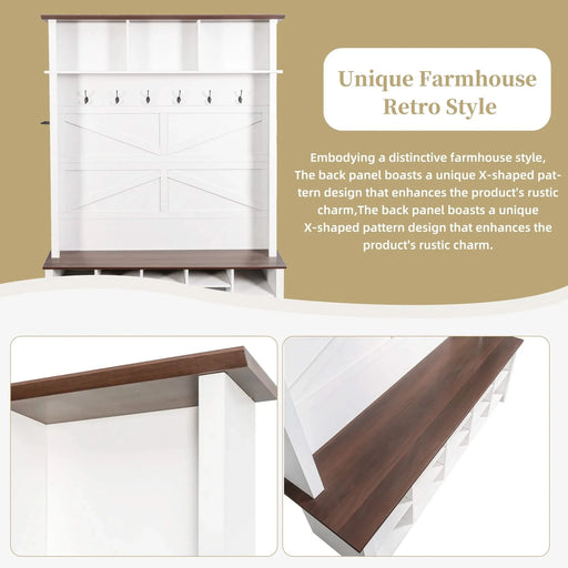 ON-TREND Farmhouse 4-in-1 Hall Tree with 6 Hooks, Practical Walnut Entryway Bench with Adjustable Shelves, Wooden Style Rustic Shoe Organizer with 16 Open Compartments for Mudroom, Living Room, White Default -DTYStore