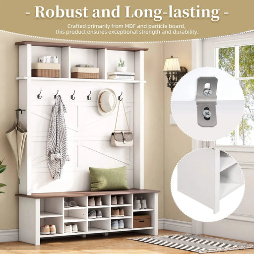 ON-TREND Farmhouse 4-in-1 Hall Tree with 6 Hooks, Practical Walnut Entryway Bench with Adjustable Shelves, Wooden Style Rustic Shoe Organizer with 16 Open Compartments for Mudroom, Living Room, White Default -DTYStore