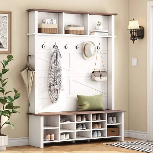 ON-TREND Farmhouse 4-in-1 Hall Tree with 6 Hooks, Practical Walnut Entryway Bench with Adjustable Shelves, Wooden Style Rustic Shoe Organizer with 16 Open Compartments for Mudroom, Living Room, White Default -DTYStore