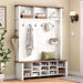 ON-TREND Farmhouse 4-in-1 Hall Tree with 6 Hooks, Practical Walnut Entryway Bench with Adjustable Shelves, Wooden Style Rustic Shoe Organizer with 16 Open Compartments for Mudroom, Living Room, White Default -DTYStore