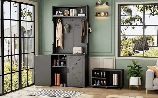 ON-TREND Farmhouse 4-in-1 Hall Tree with Barn Doors, Movable Bench with 7 Hanging Hooks and Shoe Storage Cabinet, 76.9'H Entryway Coat Rack with 6 Brake Wheels for Hallway, Living Room, Black Default -DTYStore
