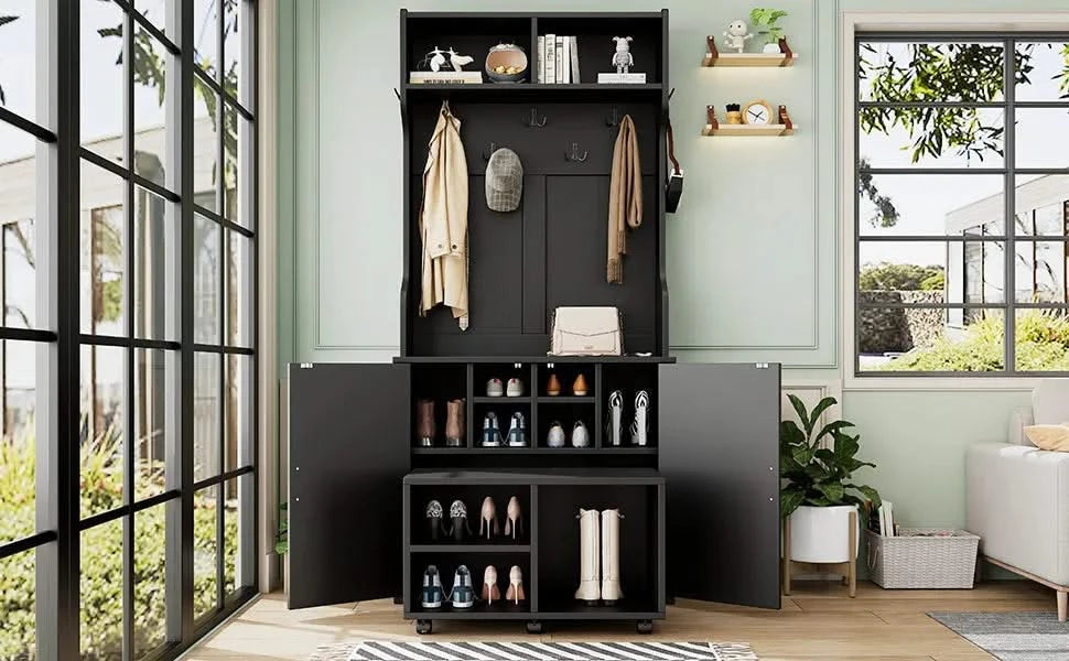 ON-TREND Farmhouse 4-in-1 Hall Tree with Barn Doors, Movable Bench with 7 Hanging Hooks and Shoe Storage Cabinet, 76.9'H Entryway Coat Rack with 6 Brake Wheels for Hallway, Living Room, Black Default -DTYStore