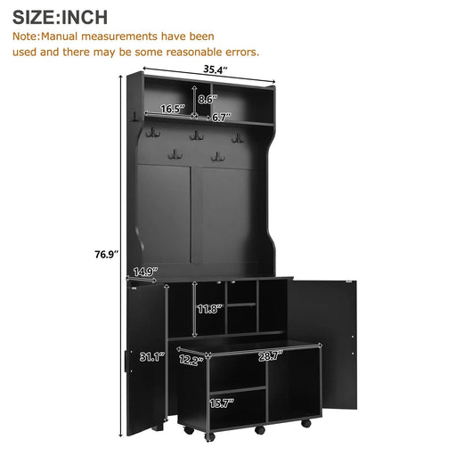 ON-TREND Farmhouse 4-in-1 Hall Tree with Barn Doors, Movable Bench with 7 Hanging Hooks and Shoe Storage Cabinet, 76.9'H Entryway Coat Rack with 6 Brake Wheels for Hallway, Living Room, Black Default -DTYStore