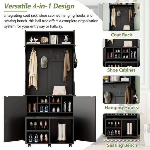 ON-TREND Farmhouse 4-in-1 Hall Tree with Barn Doors, Movable Bench with 7 Hanging Hooks and Shoe Storage Cabinet, 76.9'H Entryway Coat Rack with 6 Brake Wheels for Hallway, Living Room, Black Default -DTYStore