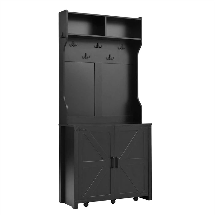 ON-TREND Farmhouse 4-in-1 Hall Tree with Barn Doors, Movable Bench with 7 Hanging Hooks and Shoe Storage Cabinet, 76.9'H Entryway Coat Rack with 6 Brake Wheels for Hallway, Living Room, Black Default -DTYStore