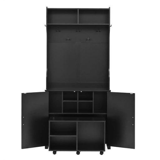 ON-TREND Farmhouse 4-in-1 Hall Tree with Barn Doors, Movable Bench with 7 Hanging Hooks and Shoe Storage Cabinet, 76.9'H Entryway Coat Rack with 6 Brake Wheels for Hallway, Living Room, Black Default -DTYStore