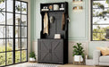 ON-TREND Farmhouse 4-in-1 Hall Tree with Barn Doors, Movable Bench with 7 Hanging Hooks and Shoe Storage Cabinet, 76.9'H Entryway Coat Rack with 6 Brake Wheels for Hallway, Living Room, Black Default -DTYStore