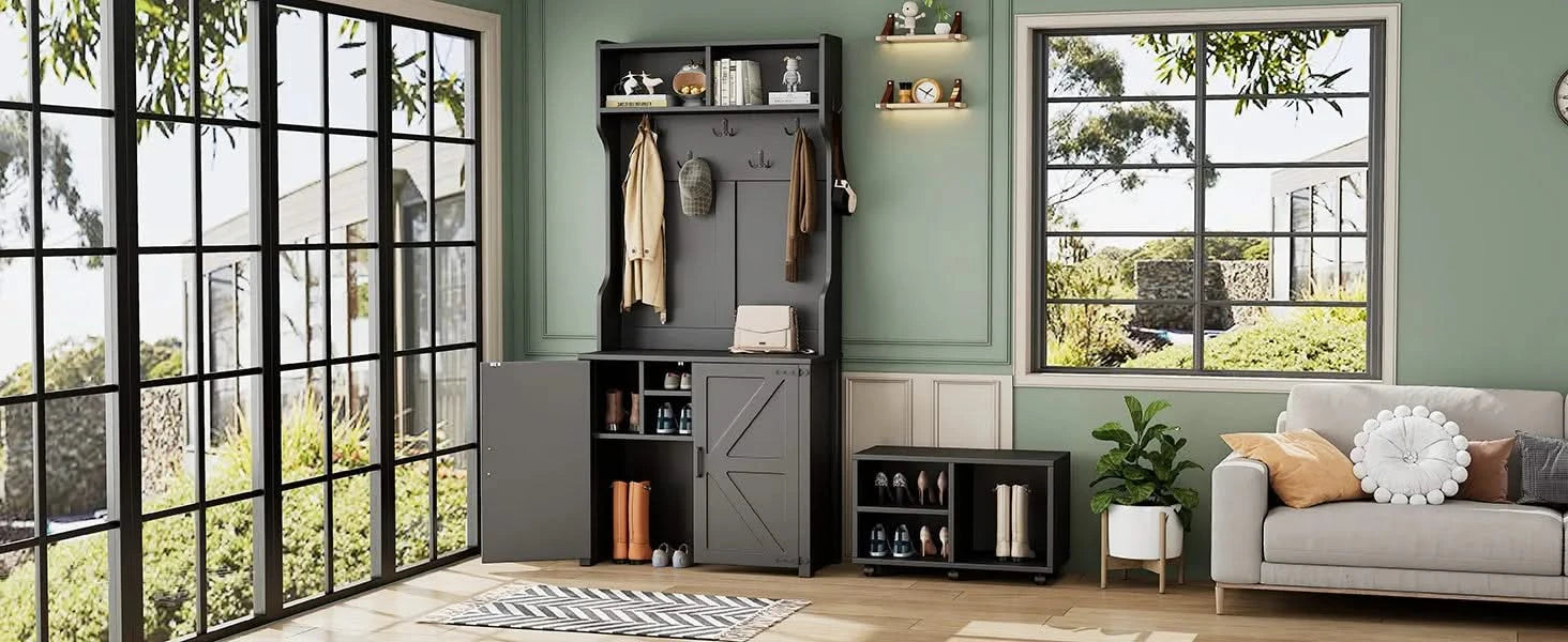 ON-TREND Farmhouse 4-in-1 Hall Tree with Barn Doors, Movable Bench with 7 Hanging Hooks and Shoe Storage Cabinet, 76.9'H Entryway Coat Rack with 6 Brake Wheels for Hallway, Living Room, Black Default -DTYStore