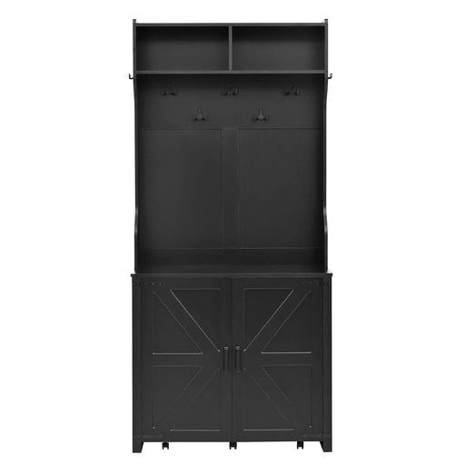 ON-TREND Farmhouse 4-in-1 Hall Tree with Barn Doors, Movable Bench with 7 Hanging Hooks and Shoe Storage Cabinet, 76.9'H Entryway Coat Rack with 6 Brake Wheels for Hallway, Living Room, Black Default -DTYStore