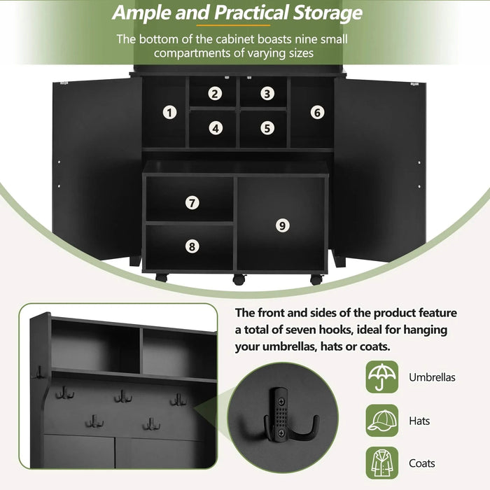 ON-TREND Farmhouse 4-in-1 Hall Tree with Barn Doors, Movable Bench with 7 Hanging Hooks and Shoe Storage Cabinet, 76.9'H Entryway Coat Rack with 6 Brake Wheels for Hallway, Living Room, Black Default -DTYStore