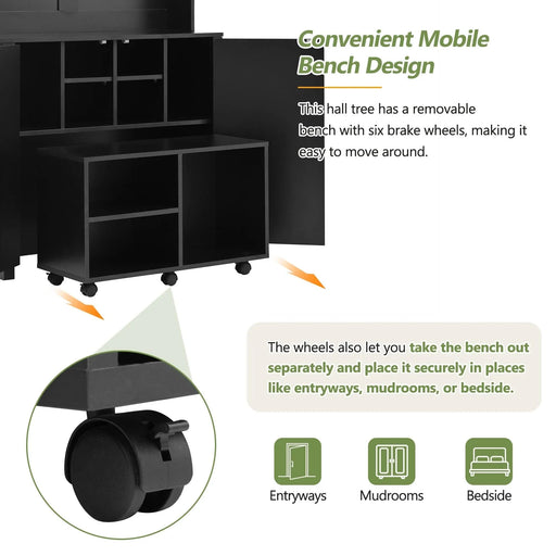 ON-TREND Farmhouse 4-in-1 Hall Tree with Barn Doors, Movable Bench with 7 Hanging Hooks and Shoe Storage Cabinet, 76.9'H Entryway Coat Rack with 6 Brake Wheels for Hallway, Living Room, Black Default -DTYStore