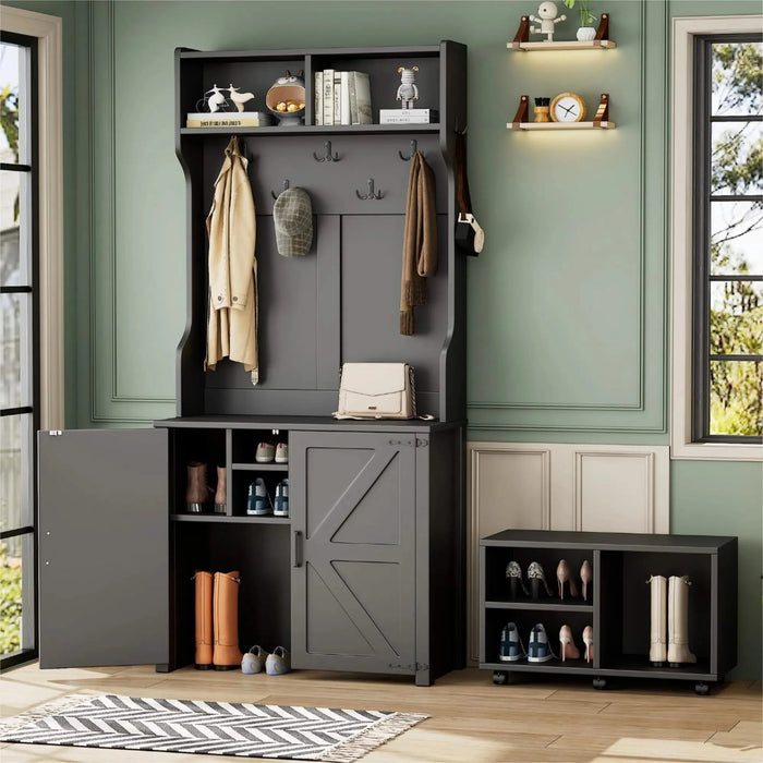 ON-TREND Farmhouse 4-in-1 Hall Tree with Barn Doors, Movable Bench with 7 Hanging Hooks and Shoe Storage Cabinet, 76.9'H Entryway Coat Rack with 6 Brake Wheels for Hallway, Living Room, Black Default -DTYStore