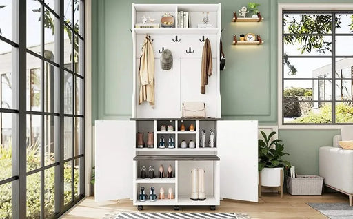 ON-TREND Farmhouse 4-in-1 Hall Tree with Barn Doors, Movable Bench with 7 Hanging Hooks and Shoe Storage Cabinet, 76.9'H Entryway Coat Rack with 6 Brake Wheels for Hallway, Living Room, White Default -DTYStore